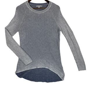 JANA Womens Hi-Low Pullover Sweater SZ LG Blue White Striped Raglan Crew EUC